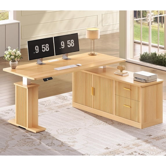 SEDETA 55 Inch L Shaped Electric Standing Desk, Height Adjustable Office Executive Desk with Power Outlets, Fluted Sit Stand Corner Computer Desk with Wood Drawers for Home Office, Oak