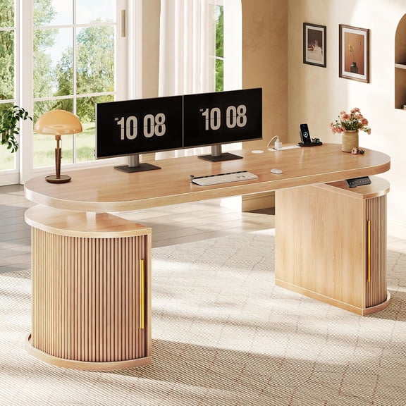 SEDETA 57" Electric Standing Desk with Storage, Height Adjustable Curved Fluted Computer Desk with Cabinets & Power Strip, Home Office Desk with Charging Station, Boho Style, Oak