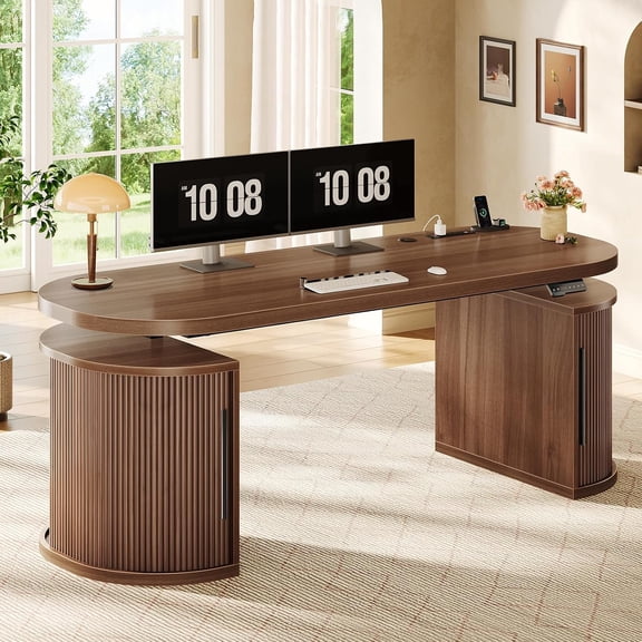 SEDETA 57" Electric Standing Desk with Storage, Height Adjustable Curved Fluted Computer Desk with Cabinets & Power Strip, Home Office Desk with Charging Station, Mid Century Style, Brown