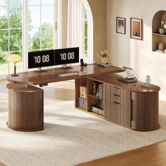 SEDETA 57" L-Shaped Electric Standing Desk with Storage, Height Adjustable Sit Stand Wood Computer Desk with Power Outlet, Curved Fluted Home Offie Desk with Drawers, Corner Executive Desk, Brown
