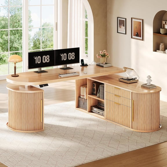 SEDETA 57" L-Shaped Electric Standing Desk with Storage, Height Adjustable Sit Stand Wood Computer Desk with Power Outlet, Curved Fluted Home Offie Desk with Drawers, Corner Executive Desk, Light Oak