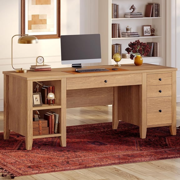 SEDETA 58 Inch Solid Wood Executive Desk, Premium Pine Wood Computer Desk with 4 Storage Drawers & Book Shelves, Real Wood Home Office Writing Table for Dual Monitors, Oak