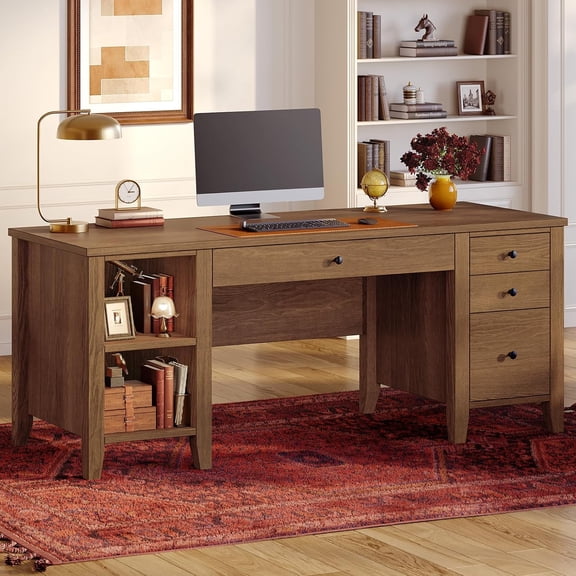 SEDETA 58" Solid Pine Wood Office Desk, Executive Computer Writing Desk with 4 Wood Drawers & Open Shelves, Heavy Duty Real Wood Table for Work Study, Eco-Friendly, Brown