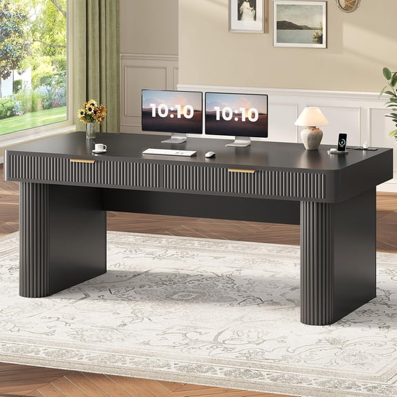 SEDETA 59 Inch Fluted Desk with 2 Drawers, Computer Desk with Storage and Power Strip, Wood Executive Desk, Writing Desk for Home Office, Living Room, Vanity Desk for Bedroom, Black