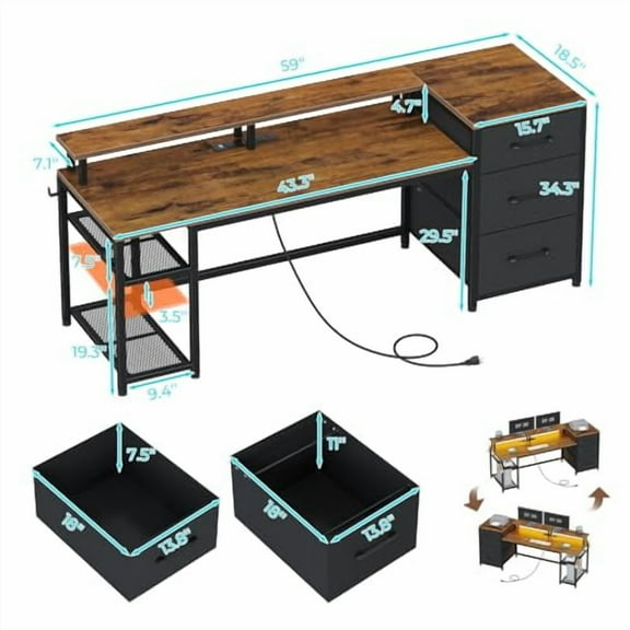 SEDETA 59" Office Desk with Drawers, Reversible Computer Desk with File Drawers & Storage, Gaming Desk with LED Lights & Power Outlet, Home Office Desks for Printer, Rustic Brown