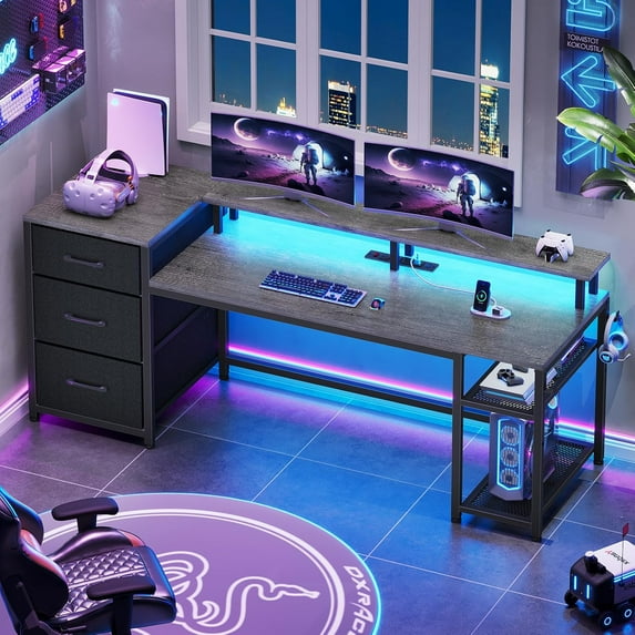 SEDETA 59" Office Desk with File Drawers, Reversible Computer Gaming Desk with Storage, LED Lights & Power Outlet, Home Office Desks for Printer, Grey