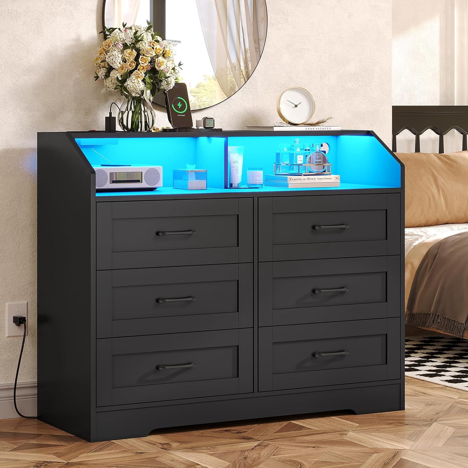 SEDETA 6 Drawer Dresser for Bedroom with LED Lights, Black Chest of Drawers with Storage Cubby ...