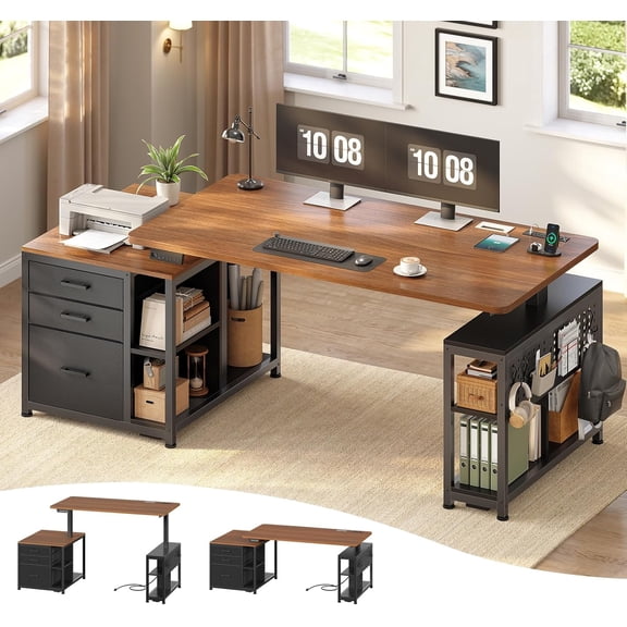 SEDETA 61 Inch Electric Standing Desk with 3 Drawers, Height Adjustable Executive Office Desk with File Cabinet & Pegboard, Sit Stand Computer Table with Power Outlets, Black + Brown