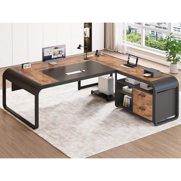 Hanyu 61" L-Shaped Desk with File Drawer, Outlets & Shelves, Rustic Brown