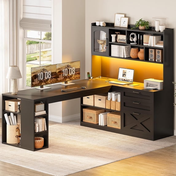 SEDETA 61 Inch L Shaped Office Desk with Storage, Farmhouse Large Computer Desk with 3 Drawers, 11 Open Shelves and Power Outlet, Corner Gaming Desk with LED Light and Display Cabinet, Black