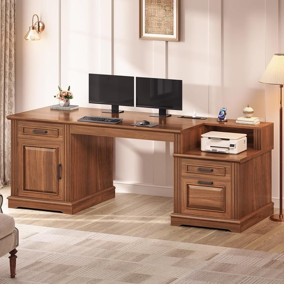 SEDETA 62" Farmhouse Executive Desk with File Drawers & Storage Cabinet, Computer Desk with Built-in Power Outlet, Large Work Study Writing Desk for Home Office, Walnut