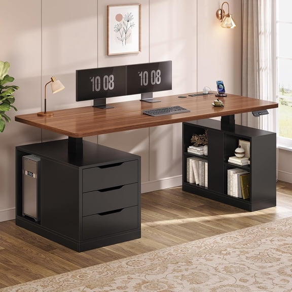 SEDETA 63" Electric Standing Desk with 3 Drawers, Height Adjustable Computer Desk with Storage Cabinet, CPU Stand & Power Outlets, Smart Sit Stand Desk for Home Office, Black+Brown