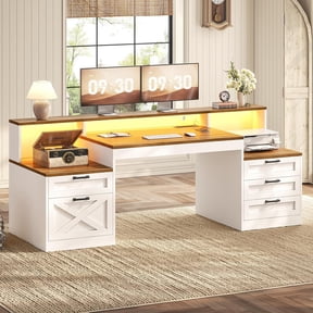 SEDETA 63" Farmhouse Computer Desk with Drawers, Home Office Desk with LED Lights & Power Outlets, Wood Executive Office Desk with 2 Printer Stand & Monitor Stand, Large Gaming Desk, White Brown