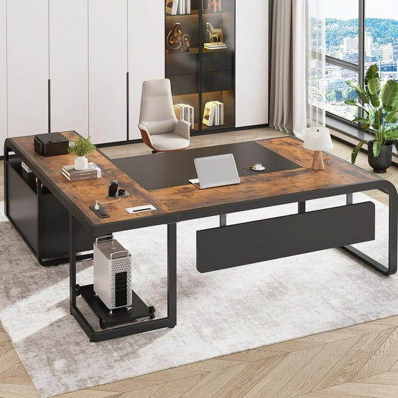 SEDETA 63 Inch L Shaped Desk with Drawers, Executive Desk with File Drawer, Large Office Desk with Storage Shelves, Computer Desk with Power Outlets and Mobile CPU Stand for Home Office, Rustic Brown