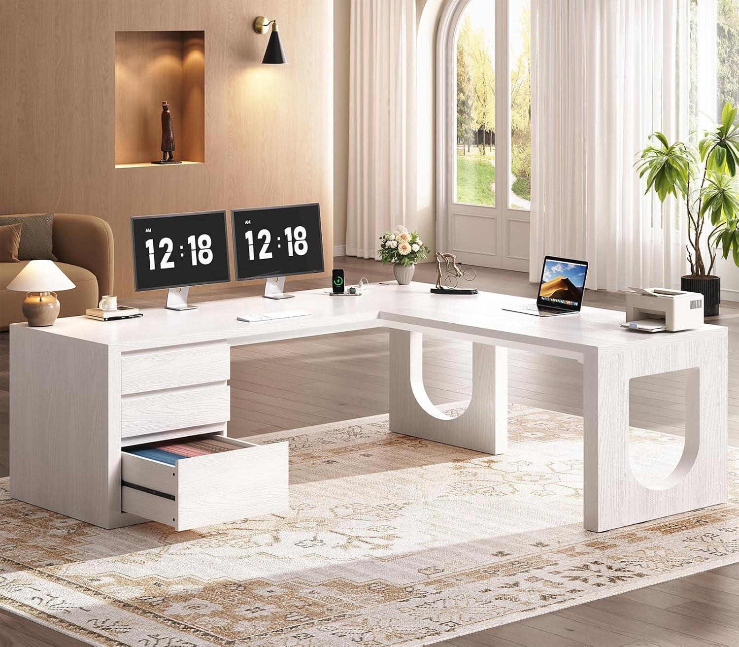 SEDETA 63" L Shaped Desk with 3 Wood Drawers, Modern Executive Office Desk with File Drawer, Wood Corner Computer Desk with U-Shaped Legs & Relief Texture, Home Office Desk with Power Outlet, White