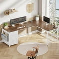 thumbnail image 1 of SEDETA 63" L Shaped Desk, Convertible Corner Office Desk with Drawer, Farmhouse Computer Desk with Power Strip & Storage Cabinet for Home Office, Brown & White, 1 of 7