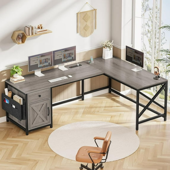 SEDETA 63" L Shaped Desk, Convertible Corner Office Desk with Drawer, Farmhouse Computer Desk with Power Strip & Storage Cabinet for Home Office, Grey