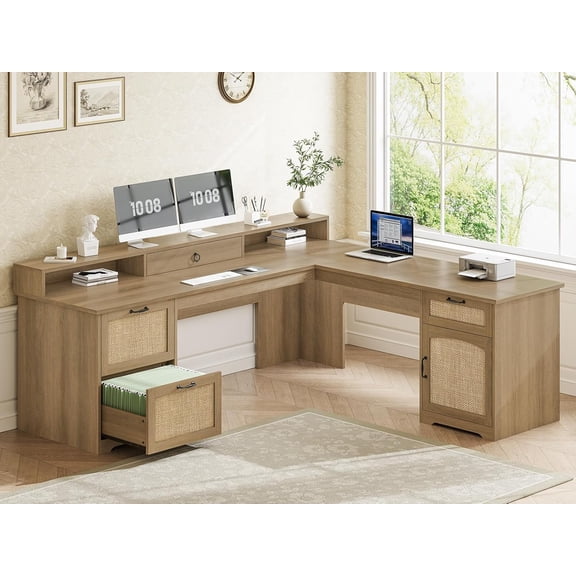 SEDETA 63" Rattan L Shaped Desk with Drawers, Farmhouse Corner Computer Desk, Wood Office Desk with File Drawers with Storage, Executive Desk with Monitor Stand and Storage Cabinet, Oak