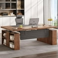 thumbnail image 1 of SEDETA 63" Standing Office Desk with Storage, Height Adjustable Executive Desk witj Power Outlets & Open Shelves, Large Computer Desk with Privacy Panel for Home Office, Brown, 1 of 9