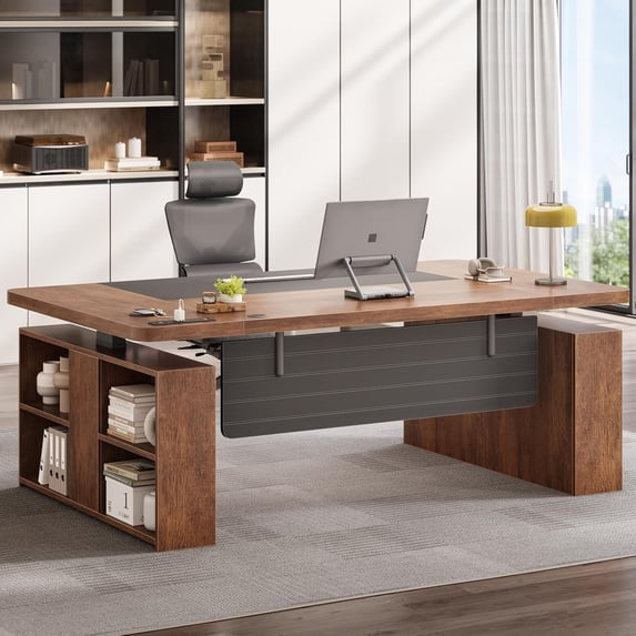 SEDETA 63" Standing Office Desk with Storage, Height Adjustable Executive Desk witj Power Outlets & Open Shelves, Large Computer Desk with Privacy Panel for Home Office, Brown