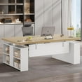 thumbnail image 1 of SEDETA 63" Standing Office Desk with Storage, Height Adjustable Executive Desk witj Power Outlets & Open Shelves, Large Computer Desk with Privacy Panel for Home Office, White, 1 of 9