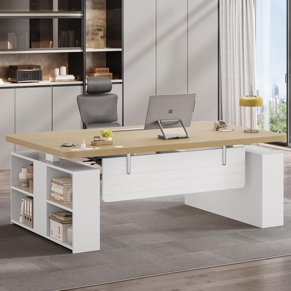 SEDETA 63" Standing Office Desk with Storage, Height Adjustable Executive Desk witj Power Outlets & Open Shelves, Large Computer Desk with Privacy Panel for Home Office, White