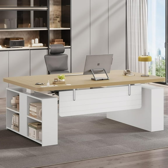 SEDETA 63" Standing Office Desk with Storage, Height Adjustable Executive Desk witj Power Outlets & Open Shelves, Large Computer Desk with Privacy Panel for Home Office, White