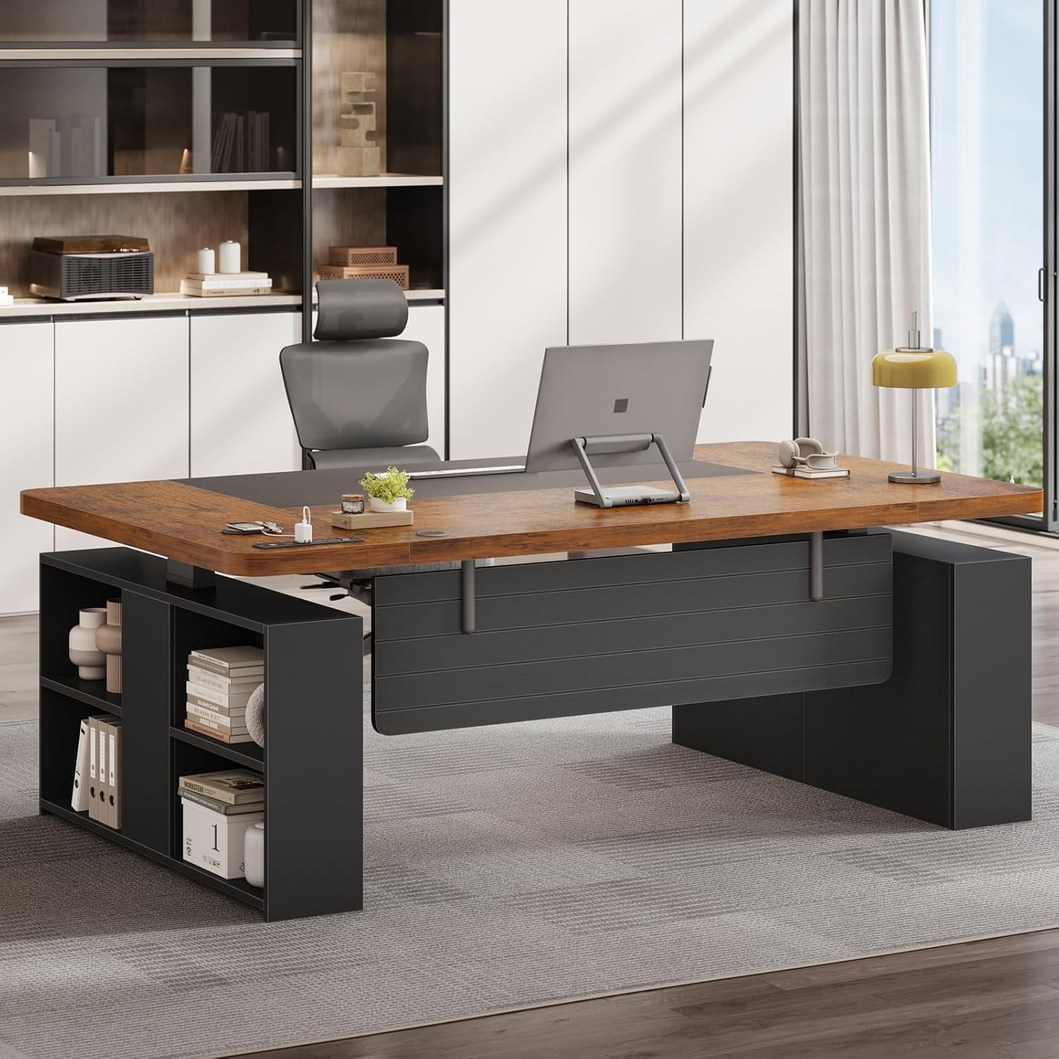 SEDETA 63" Standing Office Desk with Storage, Height Adjustable Executive Desk witj Power Outlets & Open Shelves, Large Computer Desk with Privacy Panel for Home Office, Black