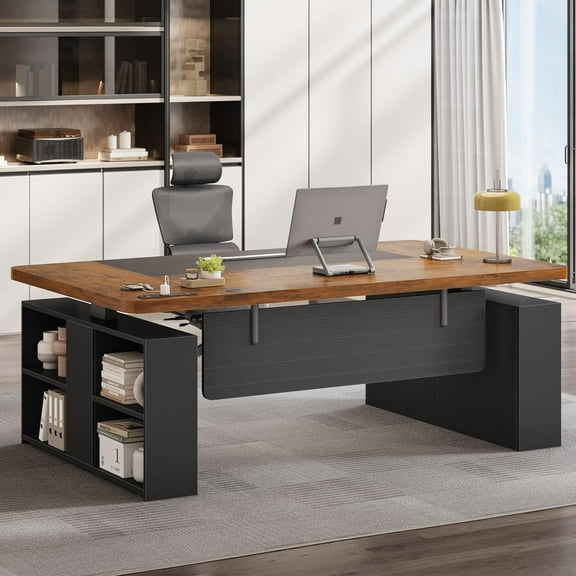 SEDETA 63" Standing Office Desk with Storage, Height Adjustable Executive Desk witj Power Outlets & Open Shelves, Large Computer Desk with Privacy Panel for Home Office, Black