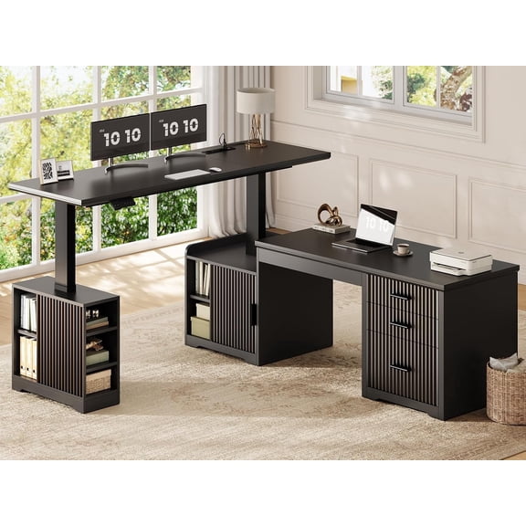 SEDETA 63" x 67" Motorized Sit Stand Office Desk with Drawers Cabinet, Fluted L-Shaped Adjustable Height Executive Computer Table, Large Corner Gaming Desk Workstation with Power Strip, Black