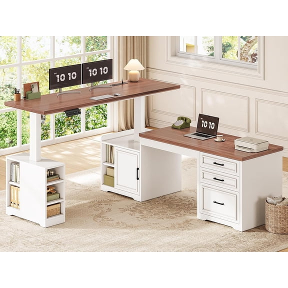 SEDETA 63"x67" Farmhouse L Shaped Electric Standing Desk with Outlets, Convertible 110.3" Height Adjustable Executive Office Desk with Drawers & Shelves, White & Brown