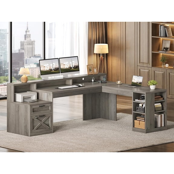 SEDETA 65" L Shaped Home Office Desk with Lockable Drawers, Farmhouse Computer Desk with RGB LED Lights, Charging Station & Printer Shelf, Wood Corner Workstation with Storage, Black