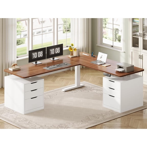 SEDETA 66.9" Motorized Height Adjustable L-Shaped Desk, Electric Sit Stand Corner Computer Table with 6 Storage Drawers, Heavy Duty Office Desk with Charging Station, White + Brown