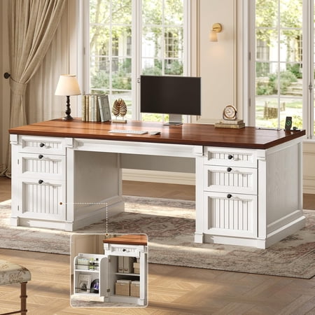 SEDETA 67" Executive Desk with 4 Drawers, Storage Cabinet & Power Outlet, Wood Home Office Computer Desk with File Drawer, Large Writing Study Workstation with Charging Station, White + Brown