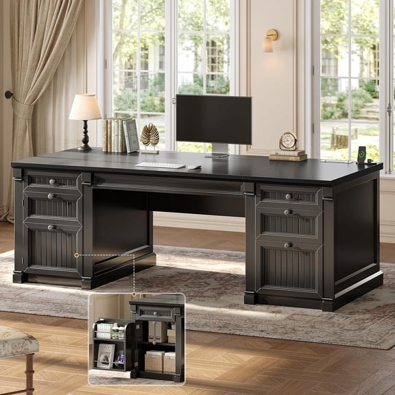 SEDETA 67" Executive Desk with 4 Drawers, Storage Cabinet & Power Outlet, Wood Home Office Computer Desk with File Drawer, Large Writing Study Workstation with Charging Station, Black