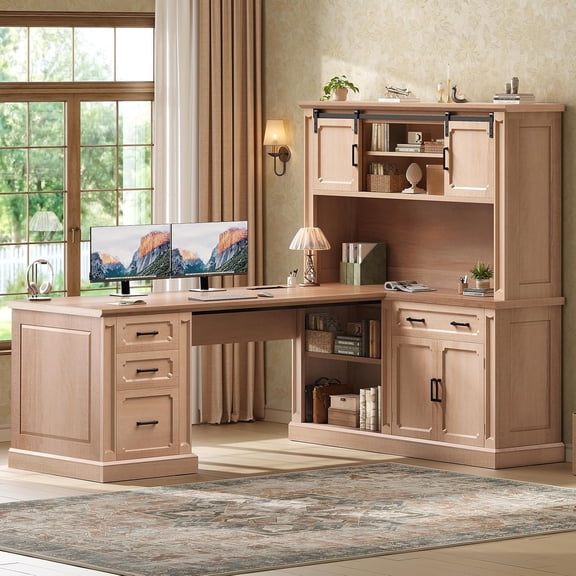 SEDETA 67" Farmhouse Desk with Hutch, L Shaped Office Desk with 4 Drawers & Storage Cabinet, Executive Corner Computer Desk with Sliding Doors, File Drawer & Power Outlet for Home Office, Oak