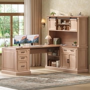 SEDETA 67" Farmhouse Desk with Hutch, L Shaped Office Desk with 4 Drawers & Storage Cabinet, Executive Corner Computer Desk with Sliding Doors, File Drawer & Power Outlet for Home Office, Oak