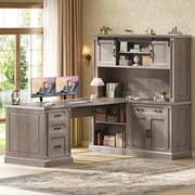 SEDETA 67" Farmhouse Desk with Hutch, L Shaped Office Desk with 4 Drawers & Storage Cabinet, Executive Corner Computer Desk with Sliding Doors, File Drawer & Power Outlet for Home Office, Grey