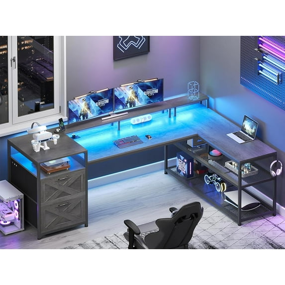 SEDETA 67" L Shaped Desk with Drawers, Computer Office Desk with Storage Shelves & Power Outlet, Reversible Gaming Desks with LED Lights for Home Office, Grey