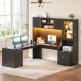 thumbnail image 1 of SEDETA 67" L Shaped Desk with Hutch, Corner Computer Desk with Power Outlets, Fluted Office Desk with File Drawer, Storage Cabinet & Glass Display Cabinet for Home Office, Gaming Desk, Black, 1 of 9