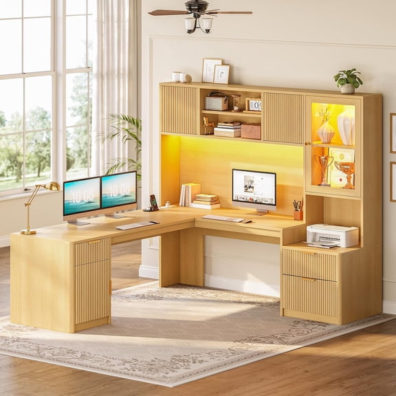 SEDETA 67" L Shaped Desk with Hutch, Corner Home Office Desk with Power Outlets, Fluted Computer Desk with File Drawer, Storage Cabinet & Glass Display Cabinet for Bedroom, Gaming Desk, Oak