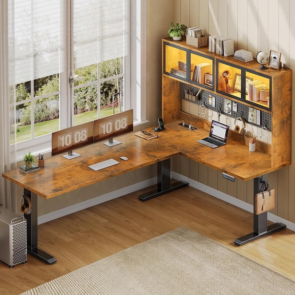 SEDETA 67" L Shaped Standing Desk with LED Lights, Electric Height Adjustable Corner Desk with Pegboard & Storage Hutch, Sit Stand Gaming Desk with Power Outlet, Rustic Brown