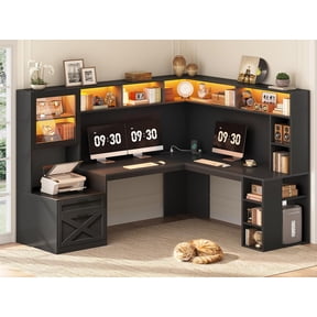SEDETA 68" Farmhouse L Shaped Desk with Hutch and Storage, Large Corner Computer Desk with LED Lights, Power Outlets, Glass Display Cabinet, File Drawers, Gaming Desk for Home Office, Black