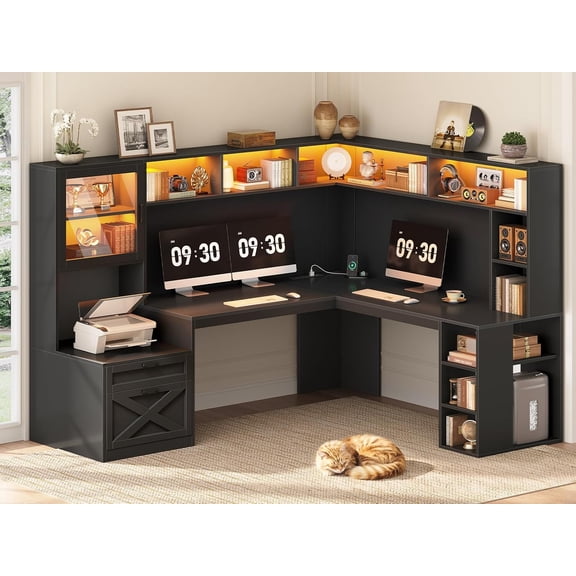 SEDETA 68" Farmhouse L Shaped Desk with Hutch and Storage, Large Corner Computer Desk with LED Lights, Power Outlets, Glass Display Cabinet, File Drawers, Gaming Desk for Home Office, Black