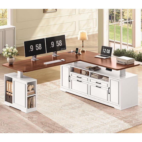 SEDETA 69" L Shaped Electric Standing Desk, Height Adjustable Home Office Desk with 4 Drawers & 2 Doors, Farmhouse Sit Stand Computer Desk with Power Outlet & Storage Shelves, White + Brown