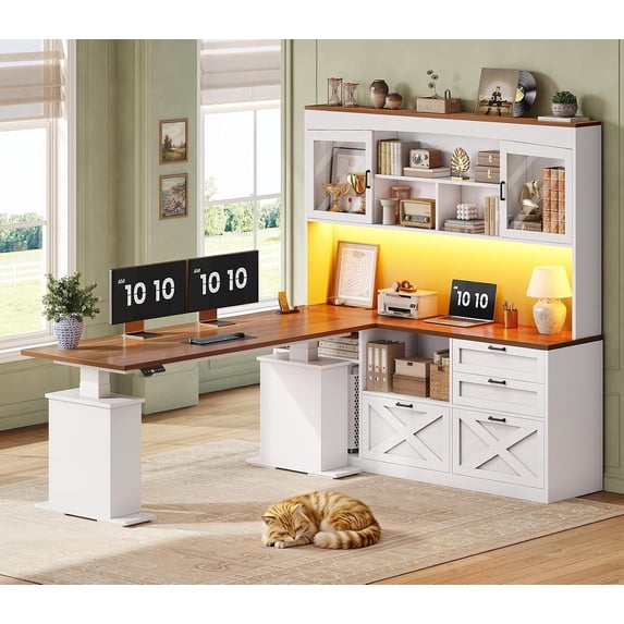 SEDETA 69" L Shaped Standing Desk with 4 Drawers, Detachable Bookshelf, Height Adjustable Electric Sit Stand Corner Desk with Charging Port & LED Lights, White