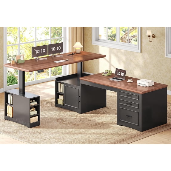 SEDETA 70.9" L Shaped Standing Desk with Storage, Convertible Height Adjustable Electric Sit Stand Desk with File Drawers, Cabinet, Monitor Shelf & Charging Port, Black+Brown