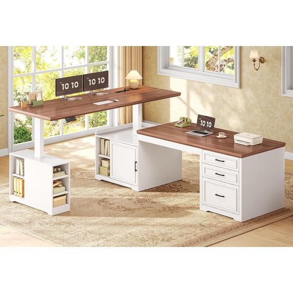 SEDETA 70.9" L Shaped Standing Desk with Storage, Convertible Height Adjustable Electric Sit Stand Desk with File Drawers, Cabinet, Monitor Shelf & Charging Port, White