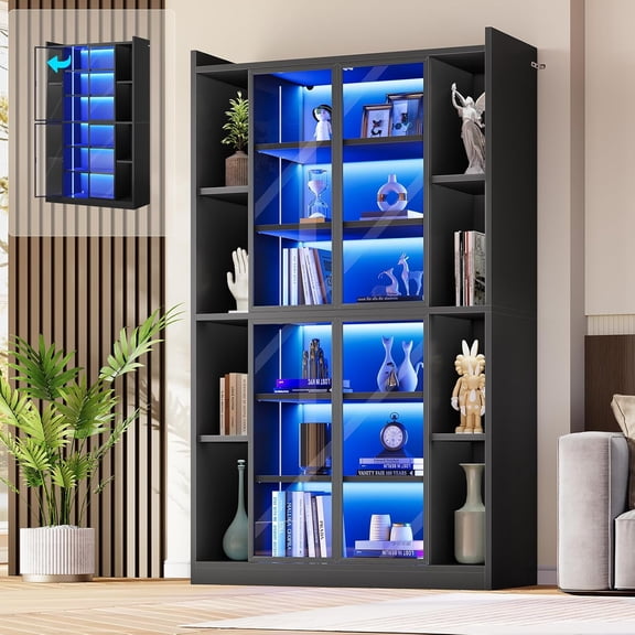SEDETA 71" Display Cabinet with Acrylic Glass Doors, 6 Tier Display Cases for Collectibles, Curio Cabinet with LED Lights, Tall Bookcase with Adjustable Shelves, Black