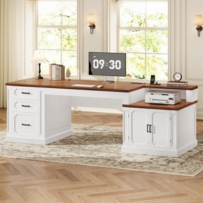 SEDETA 71 Inch Farmhouse Computer Desk with Storage, Mid Century Style Wood Home Office Desk with Power Outlets,3 Wood Drawers and Cabinet, Executive Desk, Writing Desk for Bedroom, White & Brown